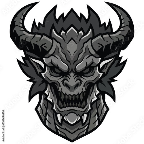 Dynamic grayscale dragon head illustration, capturing the fierce spirit of a mythical creature with prominent horns and menacing fangs, ideal for impactful fantasy graphics