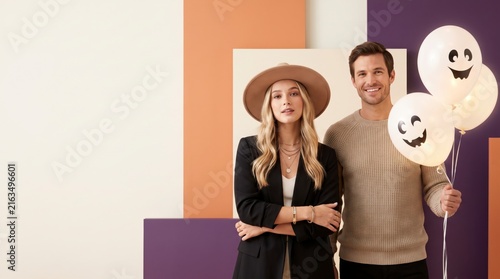 Happy couple holding ghost balloons for a fun Halloween party celebration