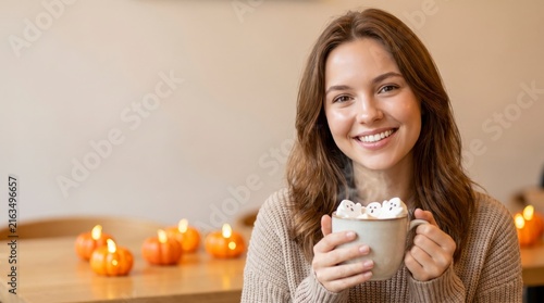 Smiling young woman holding a warm mug of hot chocolate with marshmallows in a cozy cafe