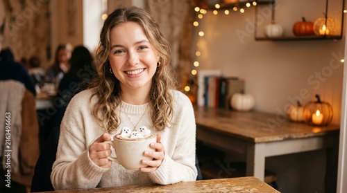 Young woman holding a warm coffee mug in a cozy cafe decorated for autumn season