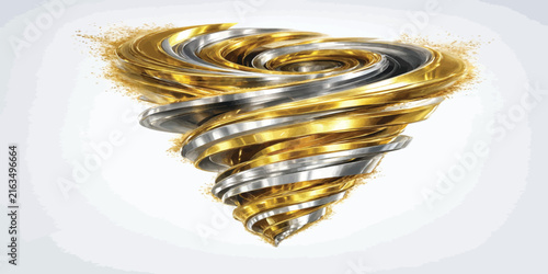 Metallic gold and silver swirling ribbons forming a dynamic tornado shape on white background with swirling vortex abstract spiral twisted ribbons dynamic sculpture metal vortex metal