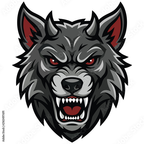 Aggressive Grey Wolf Mascot Head Illustration with Red Eyes and Sharp Teeth for Sport Logo Design
