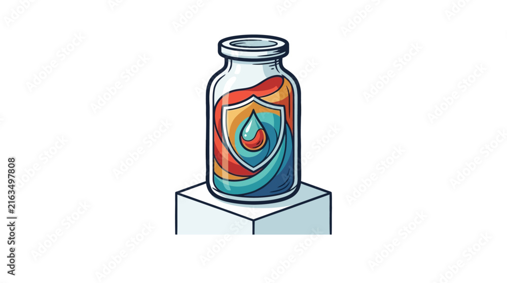 Fototapeta premium A colorful medical vial with a shield icon standing on a white pedestal.