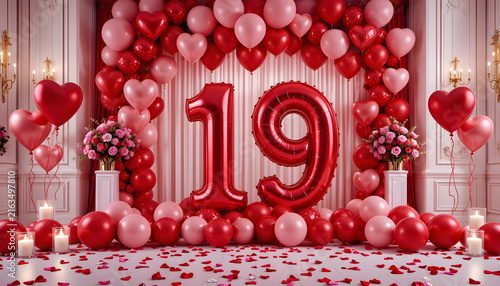 Red number nineteen balloon frame adorned with rose bouquets for wedding party photo backdrop.