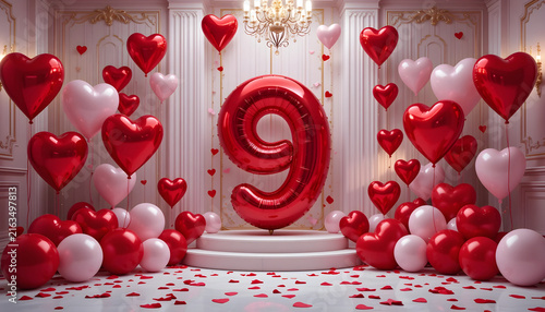 Red number nine balloon stands on podium for nine years anniversary or birthday celebration.