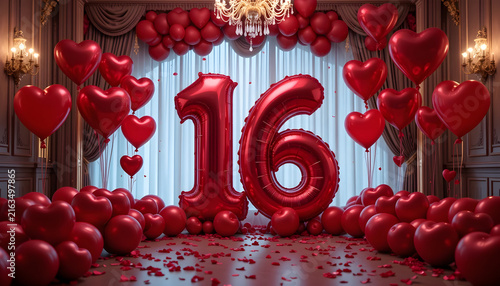 Red number sixteen balloon display features hanging heart ornaments and luxury chandeliers.