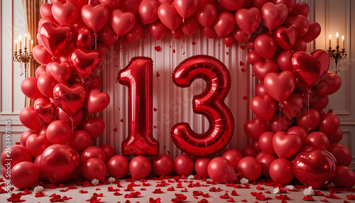 Red number thirteen balloon archway creates festive atmosphere for teen birthday celebrations.