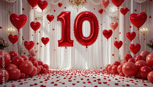 Red number ten balloon centerpiece featuring heart balloons and petals for anniversary event.