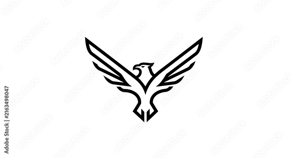 Fototapeta premium Stylized Black Line Art Phoenix or Eagle Logo Design with Spread Wings on White Background - Minimalist Vector Icon