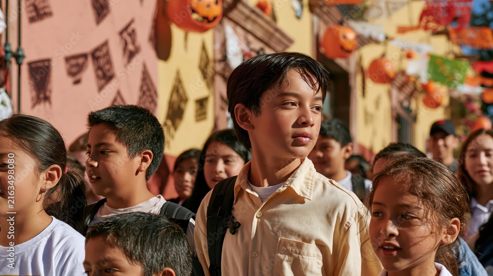 Fototapeta premium A diverse group of Hispanic children celebrating Dia de los Muertos festival outdoor