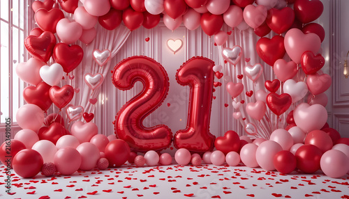 Shiny red balloon number 21 celebration set with heart shaped balloons for birthday decor events.