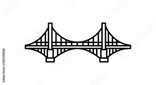 Simple black and white line art icon of a modern suspension bridge. Minimalist vector illustration for transportation and architecture.