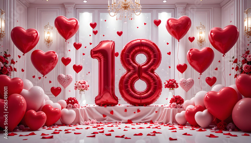 Shiny red number eighteen balloon set with floral arrangements for anniversary party backdrop.