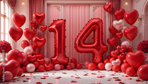 Shiny red number fourteen balloon centerpiece surrounded by heart balloons for festive events.