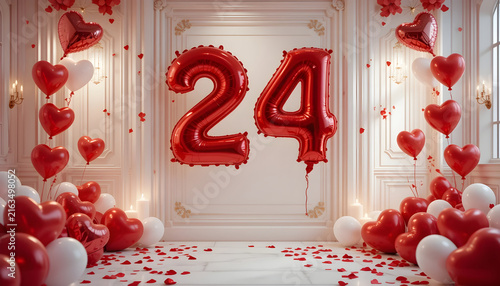 Shiny red number twenty four balloon surrounded by heart balloons for birthday event decor.