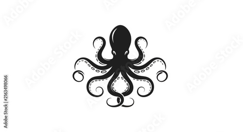 Stylized Black Octopus Illustration on White Background, Intricate Marine Animal with Many Tentacles, Ocean Creature Graphic