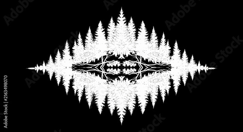 Abstract Symmetrical Forest Silhouette Pattern with Mirrored Pine Trees, Black and White Nature-Inspired Graphic Design
