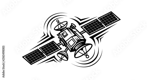 Stylized monochrome illustration of a communication satellite with solar panels and signal waves, symbolizing global network and data transmission.