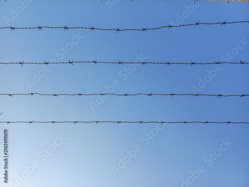 Canvastavla Four strands of barbed wire fence silhouetted against a clear bright blue sky