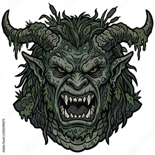 Fierce swamp monster head with horns and sharp teeth in a dark fantasy illustration style