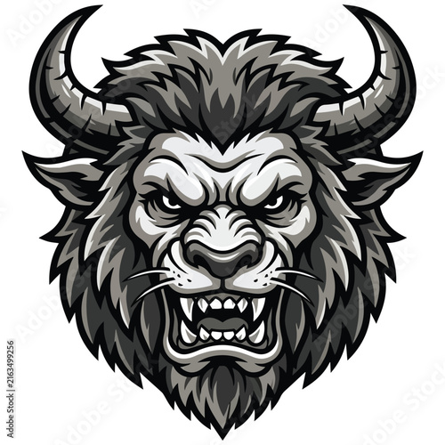Angry Horned Lion Beast Head Mascot Vector Illustration Hybrid Chimera Monster Logo