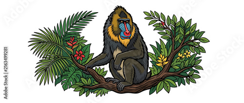 Colorful primate sitting on tree branch with jungle foliage