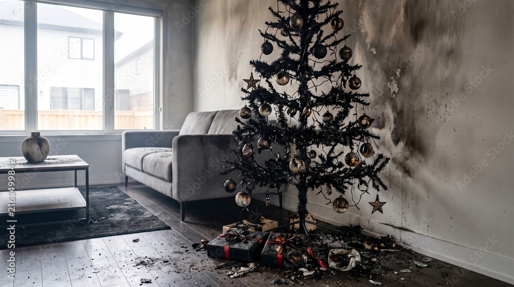 Fototapeta premium Burned Christmas tree in living room with smoke damage and ruined gifts. Christmas safety, holiday fire hazard, unexpected home accident, festive emergency concept