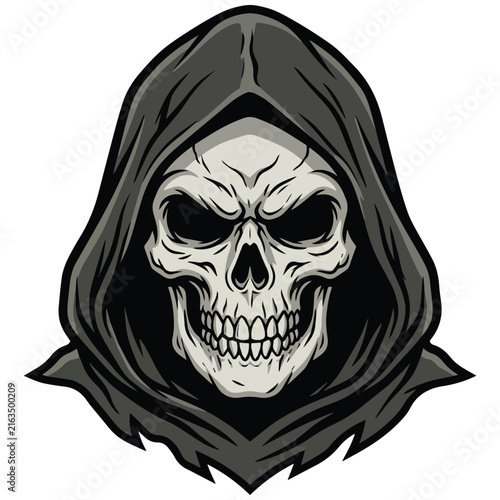 Grim Reaper Skull Portrait Vector Illustration Featuring a Dark Hooded Figure for Gothic Sports Team Logos and Edgy Graphic Design Projects