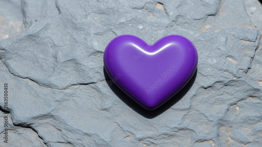 Obraz premium Purple heart-shaped stone on textured gray surface, symbolic of love, care, and emotional connection, with modern style and vibrant color