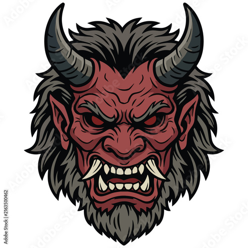 Red Japanese Oni Demon Mask Vector Illustration with Horns Fangs and Beast Fur for Mascot or Tattoo Design