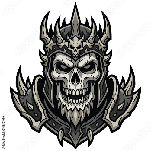 Fierce undead king skull mascot vector illustration featuring spiky armor and a menacing crown for gaming and esports branding