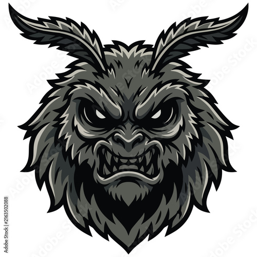 Aggressive grey monster head illustration with sharp teeth and antennae for sports mascot design