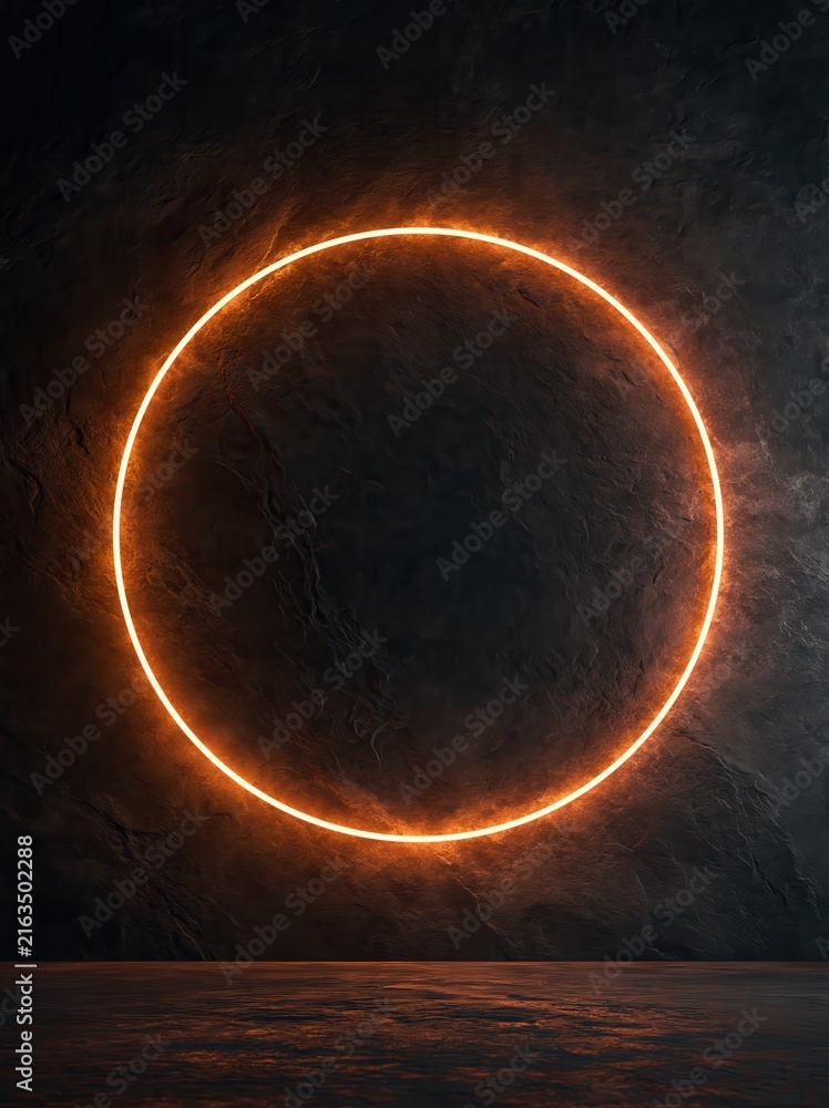 Naklejka premium Glowing orange neon circle light frame on a dark textured stone wall surface