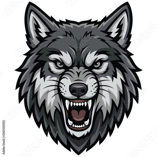Angry Grey Wolf Mascot Head Illustration with Bared Teeth
