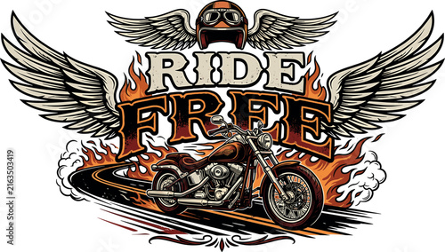 Obraz na płótnie Ride free motorcycle custom badge featuring retro chopper bike on winding road w