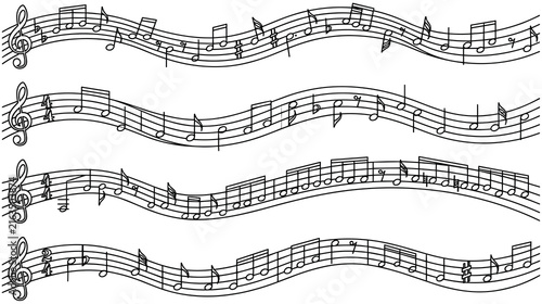 фотографія Music notation sheets and melodic lines for creative musical art layouts set
