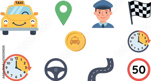 Photography Taxi service flat icon vector set featuring yellow cab driver location pin steer