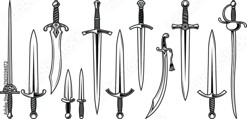 Canvastavla Medieval Sword and Dagger Hand Drawn Line Art Icon Set Collection