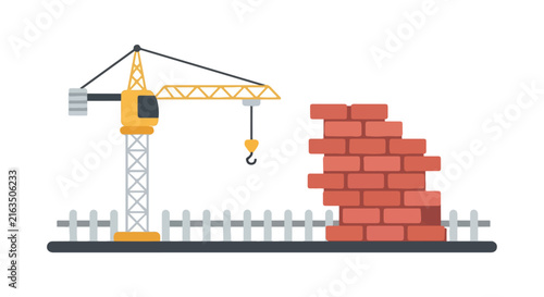 Bild auf Leinwand A yellow construction crane stands next to a partially built red brick wall and a fence on a white background, representing a building site