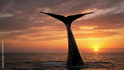 A breathtaking view of a whale's tail breaching water during sunset on a calm ocean with colorful sky and warm sunlight reflections
