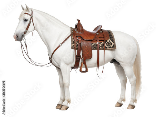 White horse wearing a brown leather western saddle and bridle as isolated on transparent background