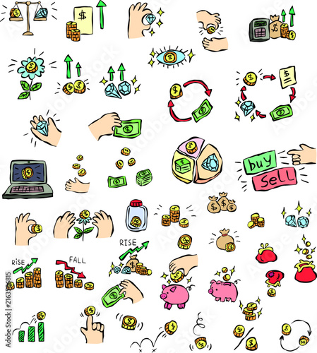 Conceptual hand-drawn financial business infographic elements and UX UI doodle icons mega pack set with money savings, inflation crisis, currency exchange metaphors.