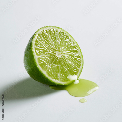 lime wedge, lime juice aside, isolated on a white background, close-up, front view, advertising photography, studio soft light
