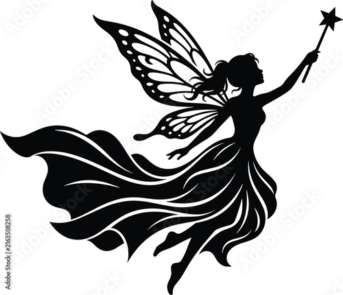 Cuadro en lienzo Flying fairy silhouette with magic wand and butterfly wings isolated on white ba