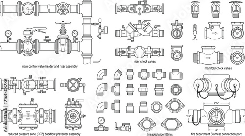Fire Protection Plumbing Components Valves Fittings and Backflow Preventer Line Art Vector Illustration