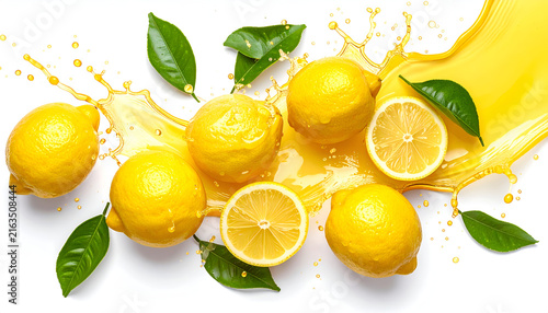 Close-up studio shot featuring ripe, juicy yellow citrus fruits with green leaves and a dynamic juice splash. The layout is set against a white background