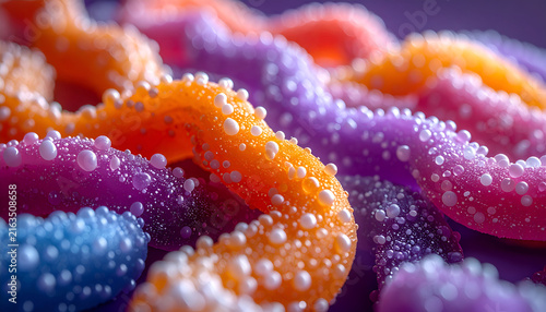 Close-up view of colorful, sugared, coiled treats in orange, purple, and blue hues. Each one has tiny white sprinkles