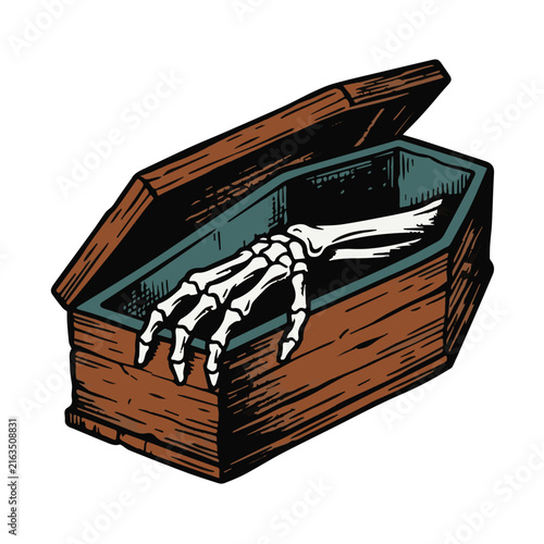 Canvas Print Macabre hand-drawn illustration depicting a vintage wooden coffin with its lid p