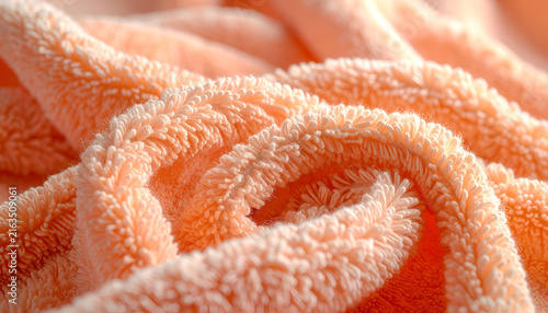 Close-up view of a soft, peach-colored fabric with a fuzzy texture, tightly curled, creating gentle waves and shadows