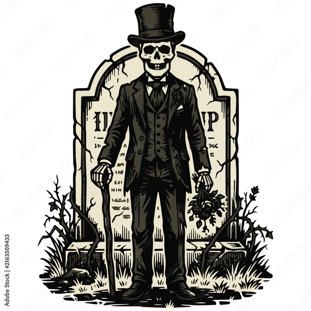 Fototapeta premium Vintage gentleman skeleton illustration with top hat and cane in front of a tombstone
